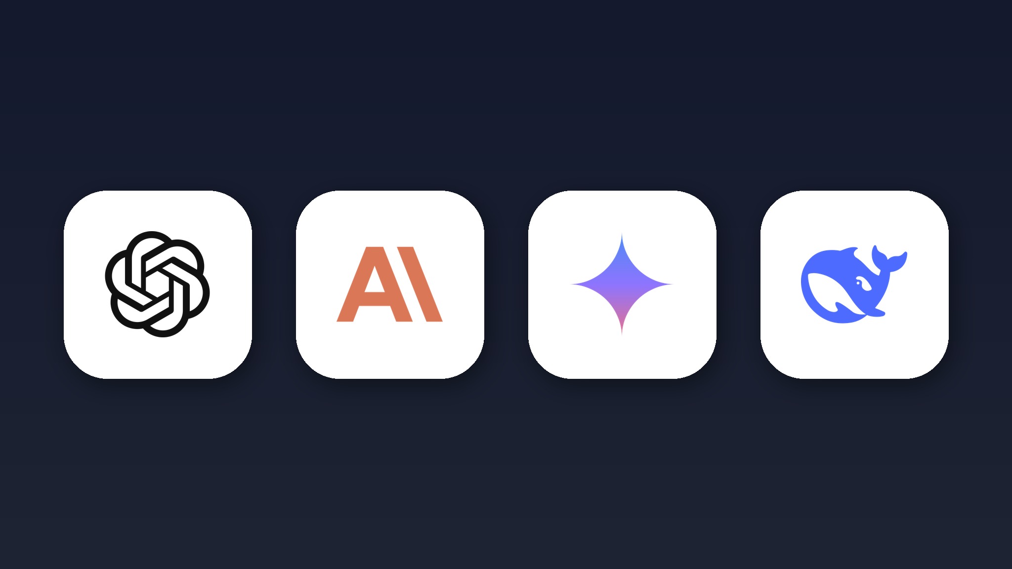 Illustration of four glowing AI orbs in a row, each in a different color