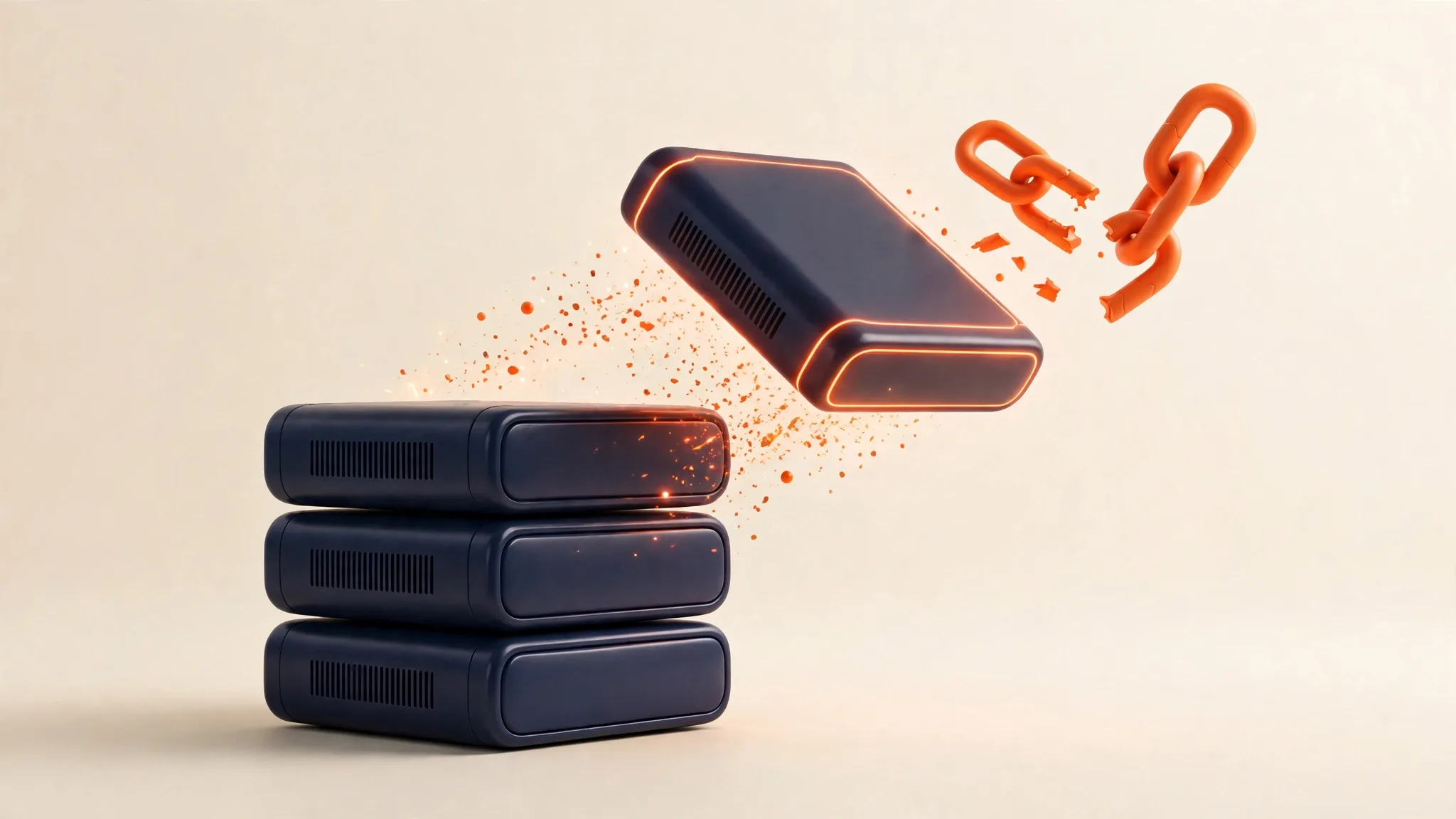 Illustration of a stack of navy server blocks with one module being removed, and a broken orange chain floating nearby
